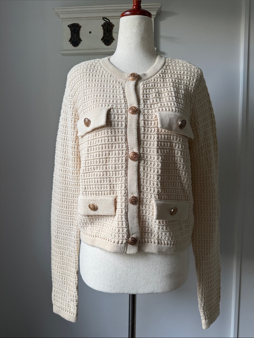 Blank NYC Cream Waffle-Knit Button Cardigan Old Money Classy Sweater Jacket